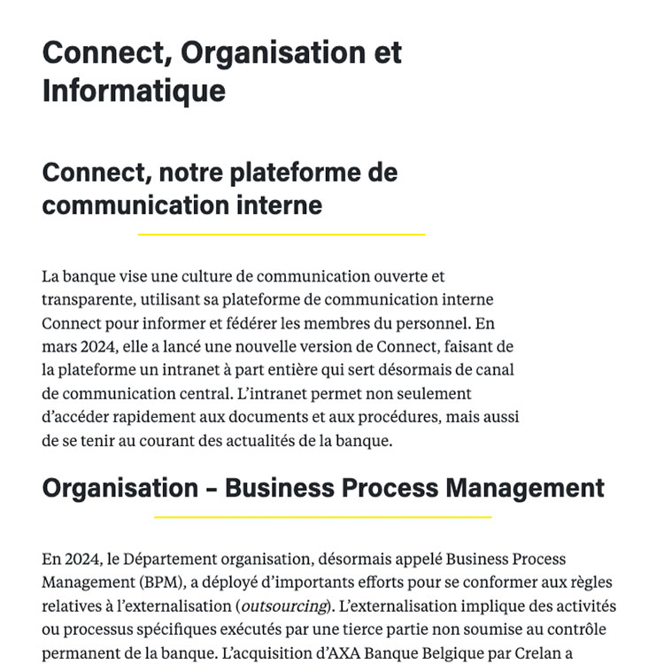Connect, Organisation et Informatique